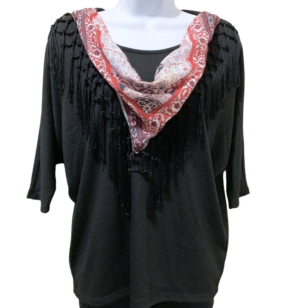 One World Live and Let Live Women's Black‎ Top Sz PS Handkerchief Fringes Boho